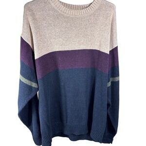 Roundtree & Yorke Mens XL Colorblock Sweater Ramie Cotton Tan Purple Navy Blue